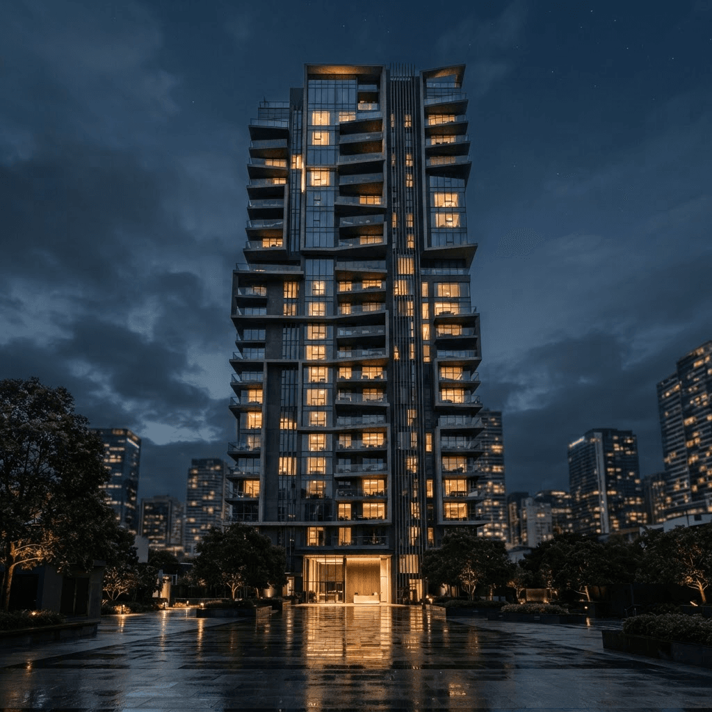 Modern high-rise residential tower at dusk
